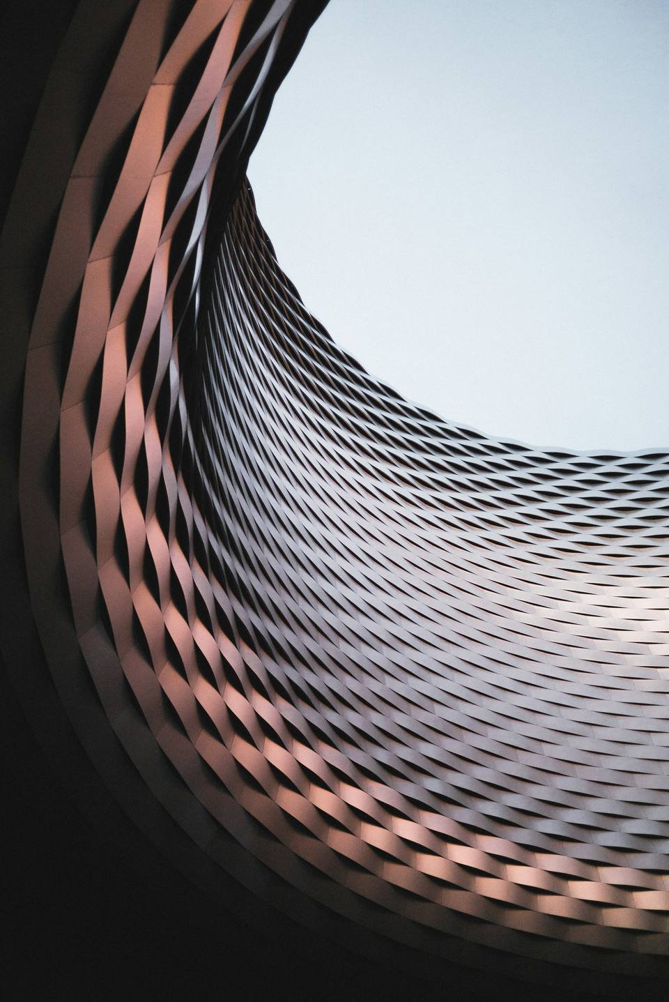 Curved building facade of woven metal panels against a pale sky